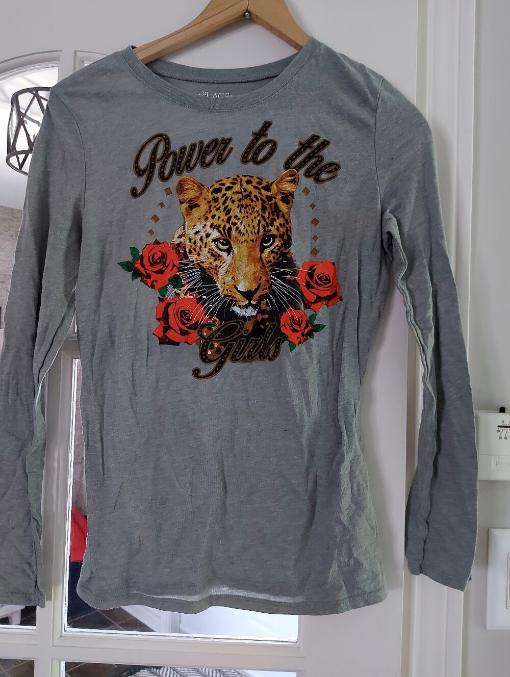 Gray Long-Sleeve Tee with Leopard and Red Rose Graphic